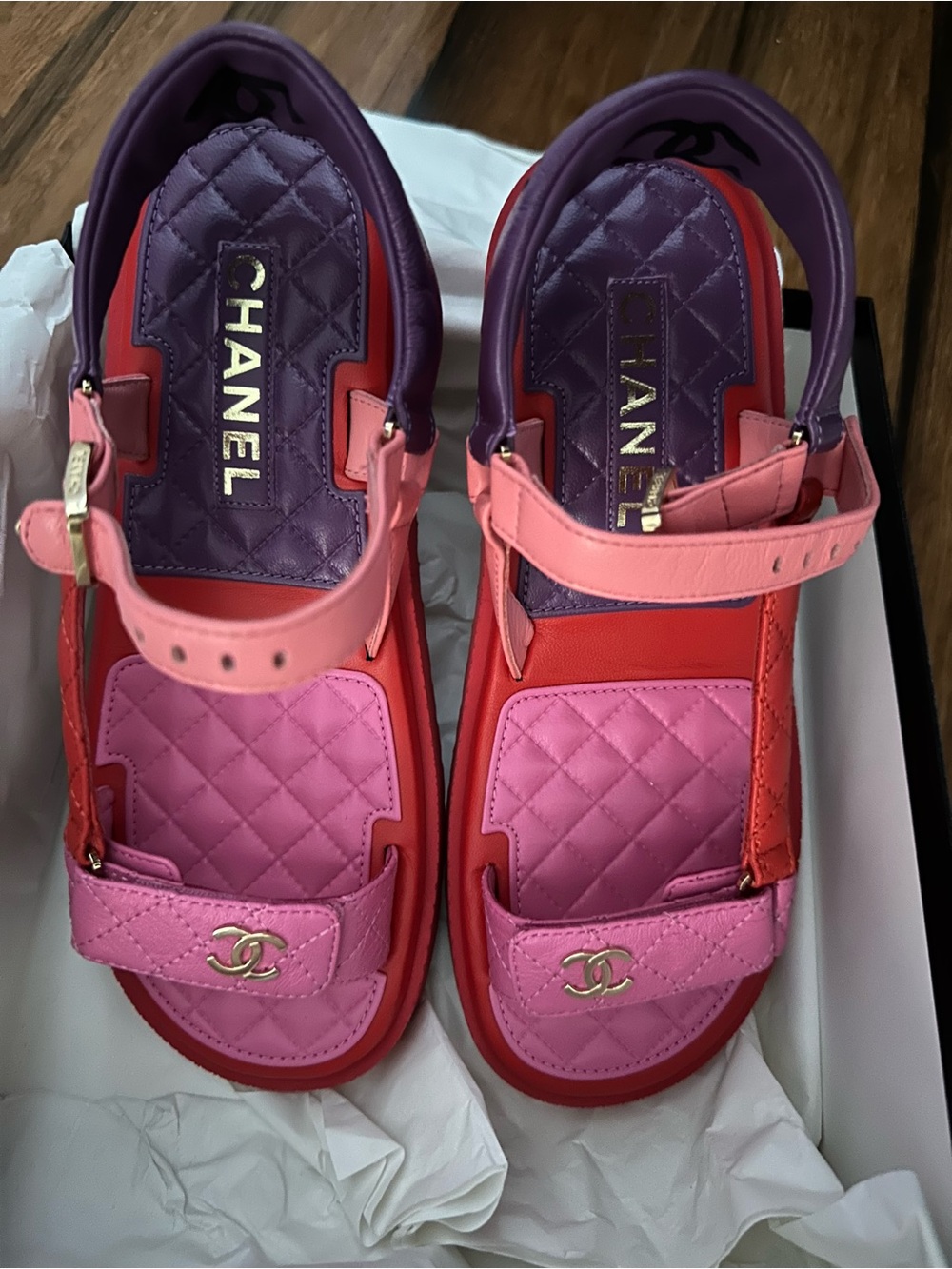 CHANEL Pink Purple & Red Quilted Sandals